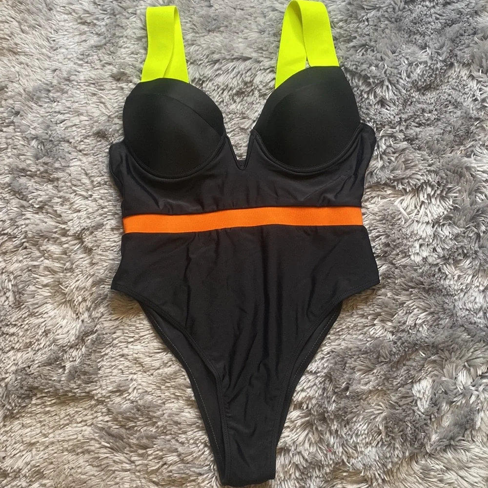 Shein Black Orange Neon Green Strap Swimsuit Size Large Excellent Condition - Picture 2 of 10
